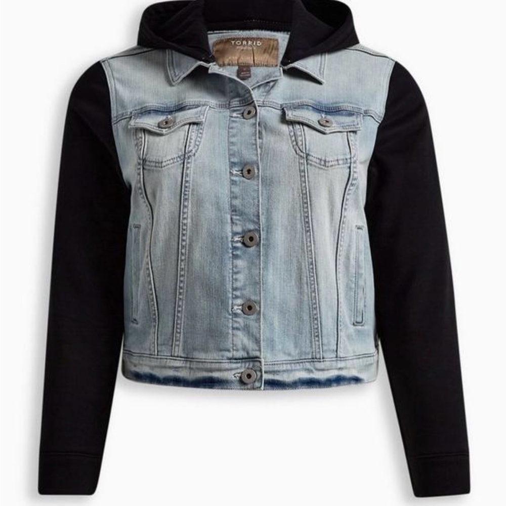 NWT- TORRID Denim Knit Sleeve Hooded Trucker Jacket- Size 1